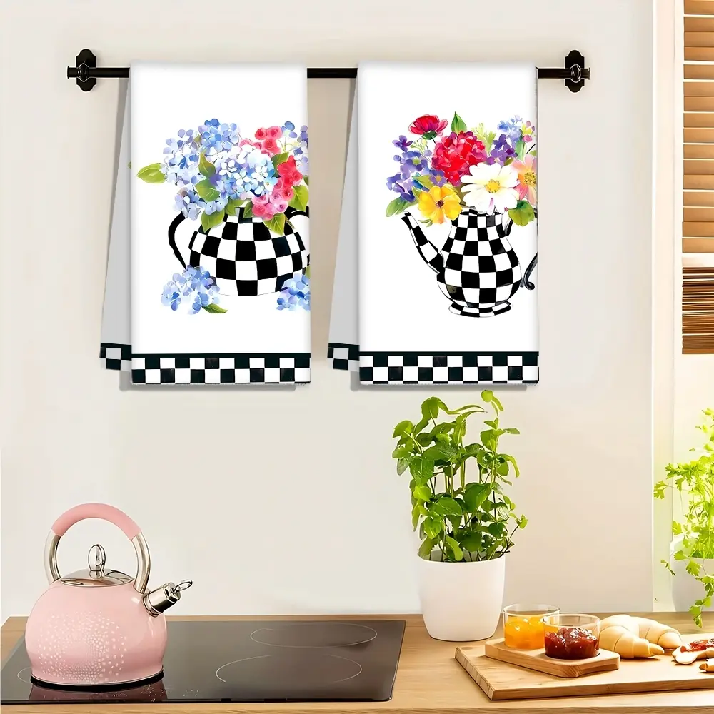 2pc Elegant Floral Checker Kitchen Towel 17.9x25.9 Inch Absorbent Tea Towel Kitchen Dish Towels for Dining Area Kitchen , Perfect for Drying Dishes Cleaning Surfaces, Ideal Decorative Cloth for Kitchen Bathroom.