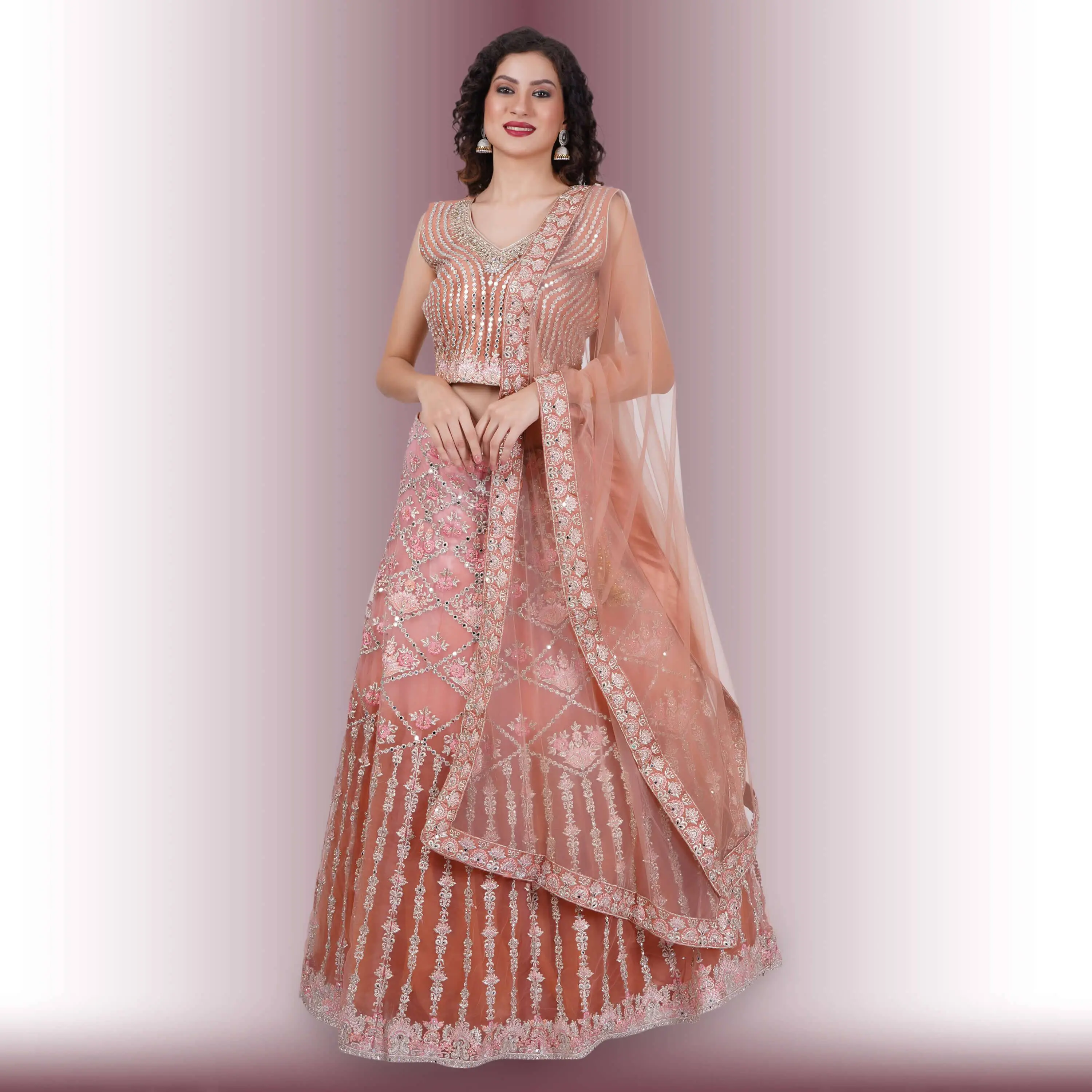 Chiro's By Jigyasa Mirror Work Lehenga in Ombre Biege