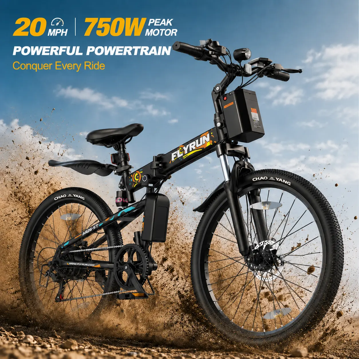 【FLYRUN】Foldable Electric Bicycle - Powerful 750W peak motor, 4–6 h fast charging, removable 374.4 Wh battery, 50-mile range, top speed 20 mph, dual disc brakes, dual shock absorbers, triple suspension, 4 riding modes，tiktok shop back to school