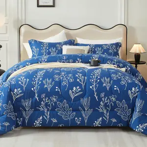 Full Floral Comforter, Navy Blue Flower Printed, 3 Botanical Comforters  Sets, 1 Lightweight Microfiber Comforter and 2 Pillow Shams