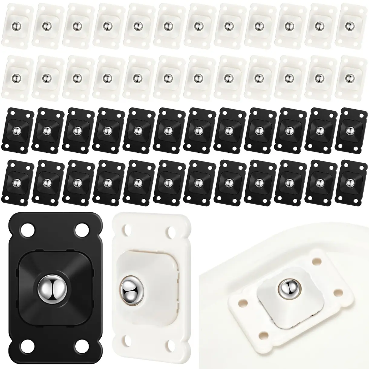 48 Pcs Self Adhesive Caster Wheels Appliance Rollers Appliance Slider for Kitchen 360° Swivel Universal Wheel Mini Roller Ball Transfer Bearing for Kitchen(White, Black)