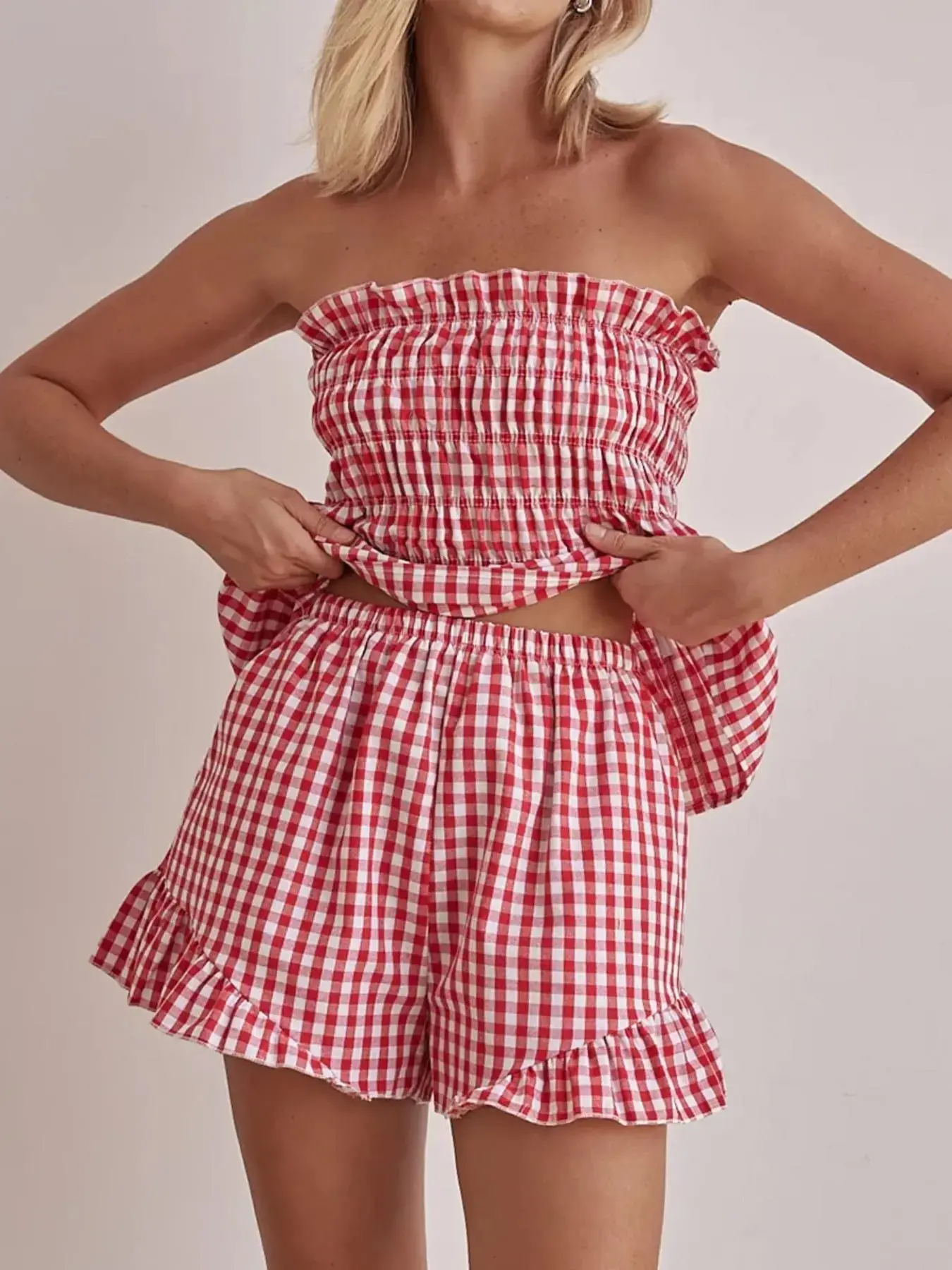 Women Casual Two Piece Outfit Plaid Print Tie Shoulder Sleeveless Cami Romper with Belted Shirt Summer Fashion Ladies Clothes for Daily Outdoor Wear