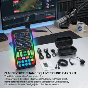 Professional Podcast Sound Mixer Bundle i9 Voice Changer Mini Multiple Audio Effect Bluetooth-Compatible Live  Cards Ultra-Thin Portable Live  Card Mic Tool