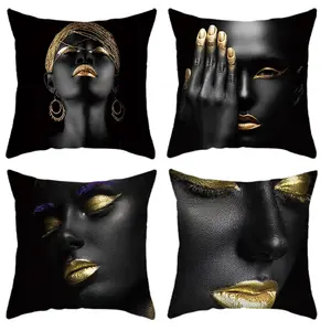 Set of 4 Diverse African American Women Themed Pillow Covers, Modern Gold Decor Style, Artistic Flair, Versatile, 17.72x17.72 Inches, Home Decoration for Sofa Living Room Bedroom