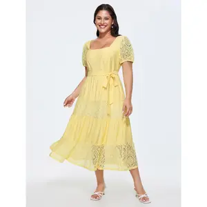BLOOMCHIC Women's Plus Size Short-Sleeve Sheer Lace Panel Waist-Tie Polyester Midi Dress [M-6X] - Smooth Garment, 2026 Summer Casual Swimweek Spotlight Pick Fit Floral