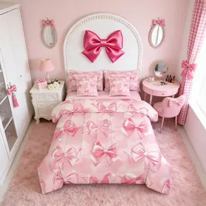 Feelyou 7-Piece Princess Bowknot Bedding Set - Soft, Breathable Pink Bow Comforter Set with Sheets, Multi-Size Bed-in-A-Bag for Kids, Girly Bedroom Decor