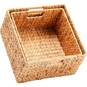 Water Hyacinth Storage Baskets for Organizing, Decorative Wicker Baskets with Carrying Handles, Set of 2,