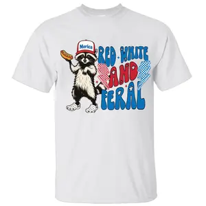 [Sale Up To 45%] Red White & Feral Shirt, Raccoon with Hotdog & 'Merica Hat Graphic, Fun Patriotic Fit for BBQs & 4th of July Parties