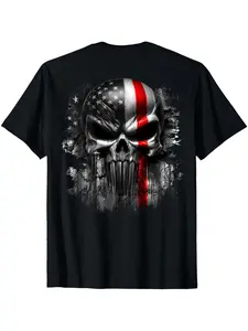 Men's Big & Tall Patriotic Skull & American Flag Graphic T-Shirt - 100% Cotton Soft Breathable Streetwear Tee, Machine Washable Regular Fit for Daily & Work Wear, Ideal Gift, Skull American Flag Clothing, Summer Comfort Wear, Soft Fabric Shirt, PLUS SIZE