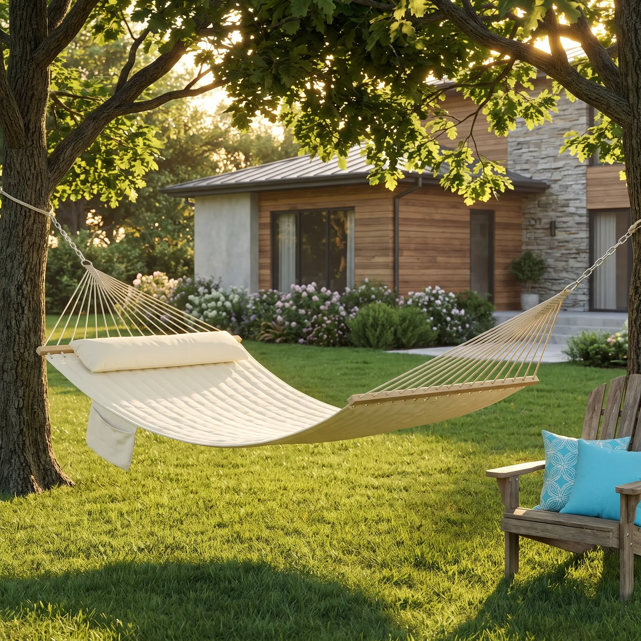 Double Hammock with Wooden Spreader Bar – 200x140cm Replacement Bed, Removable Pillow, Chains, Max 450LBS for Garden Patio Camping