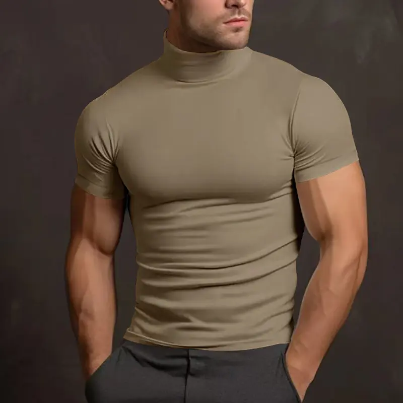 Men's Casual Olive Green Turtleneck Short-Sleeve Menswear Top - Comfortable, Stylish Aesthetic Chinos