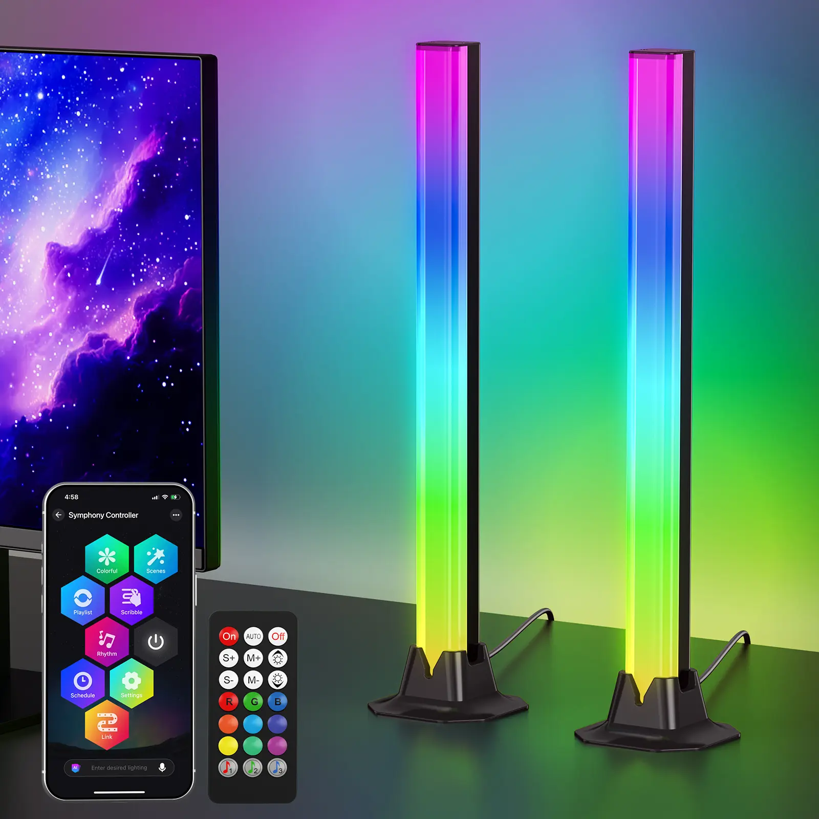 TECKNET 2-Pack Dynamic LED Light Bar, Smart Music Sync RGB IC USB-Powered Indoor Ambient Lighting, APP & Remote Control Color-Changing LED Lights Bedroom Backlight for Gaming TV/PC Monitor,