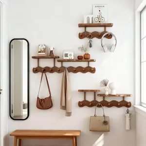 Bohemian Wave Shape Wooden Piano Key Wall Rack, Wooden Wall Shelf - 1 Piece with 6 Foldable Hooks, No-Drilling Easy-Install Wall-Mounted Coat Hook, Towel/Key/Clothes Storage for Entryway/Bedroom, Room Decoration, Wall Mount Design