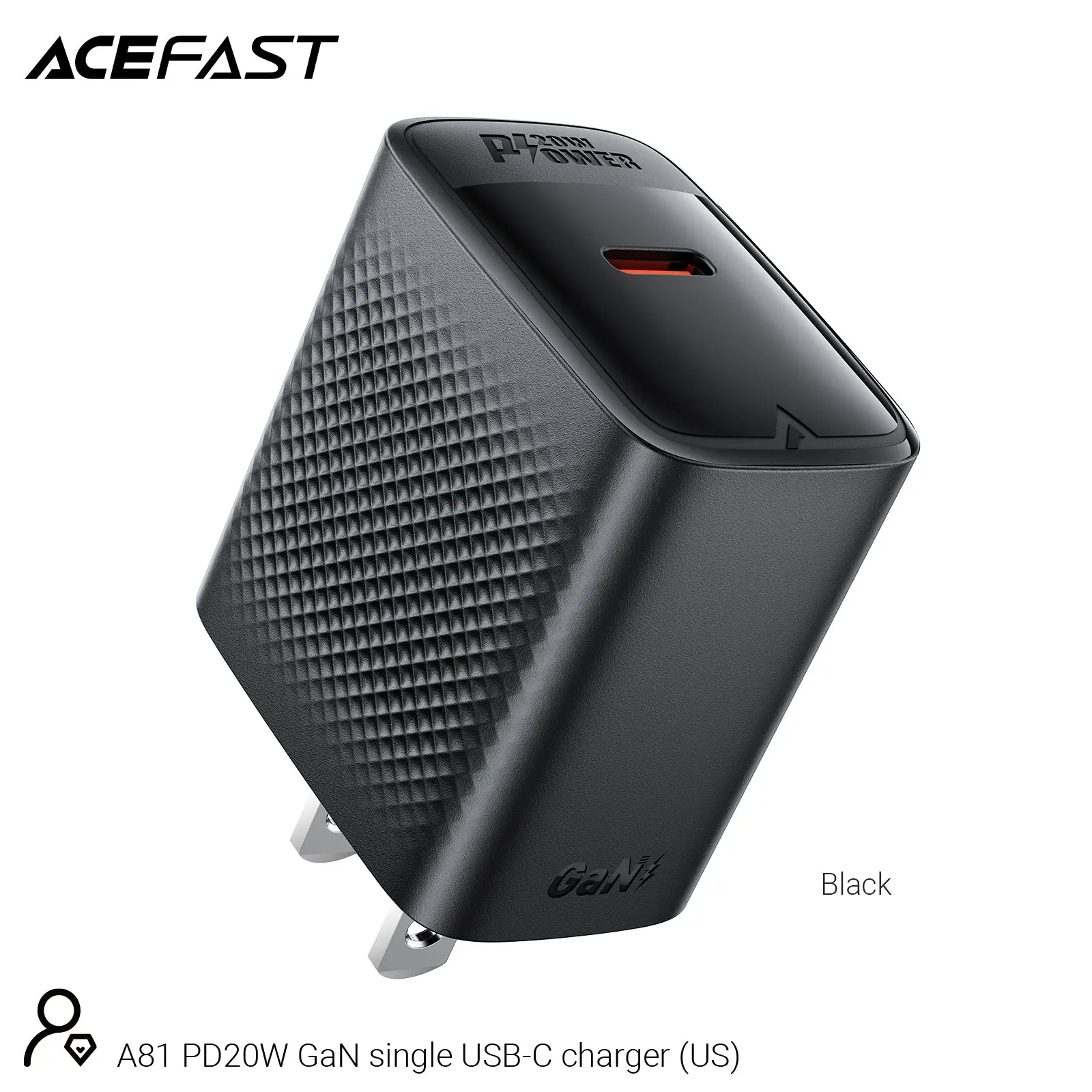 ACEFAST A81 20W PD GaN USB-C Wall Charger - Black Compact Fast Efficient