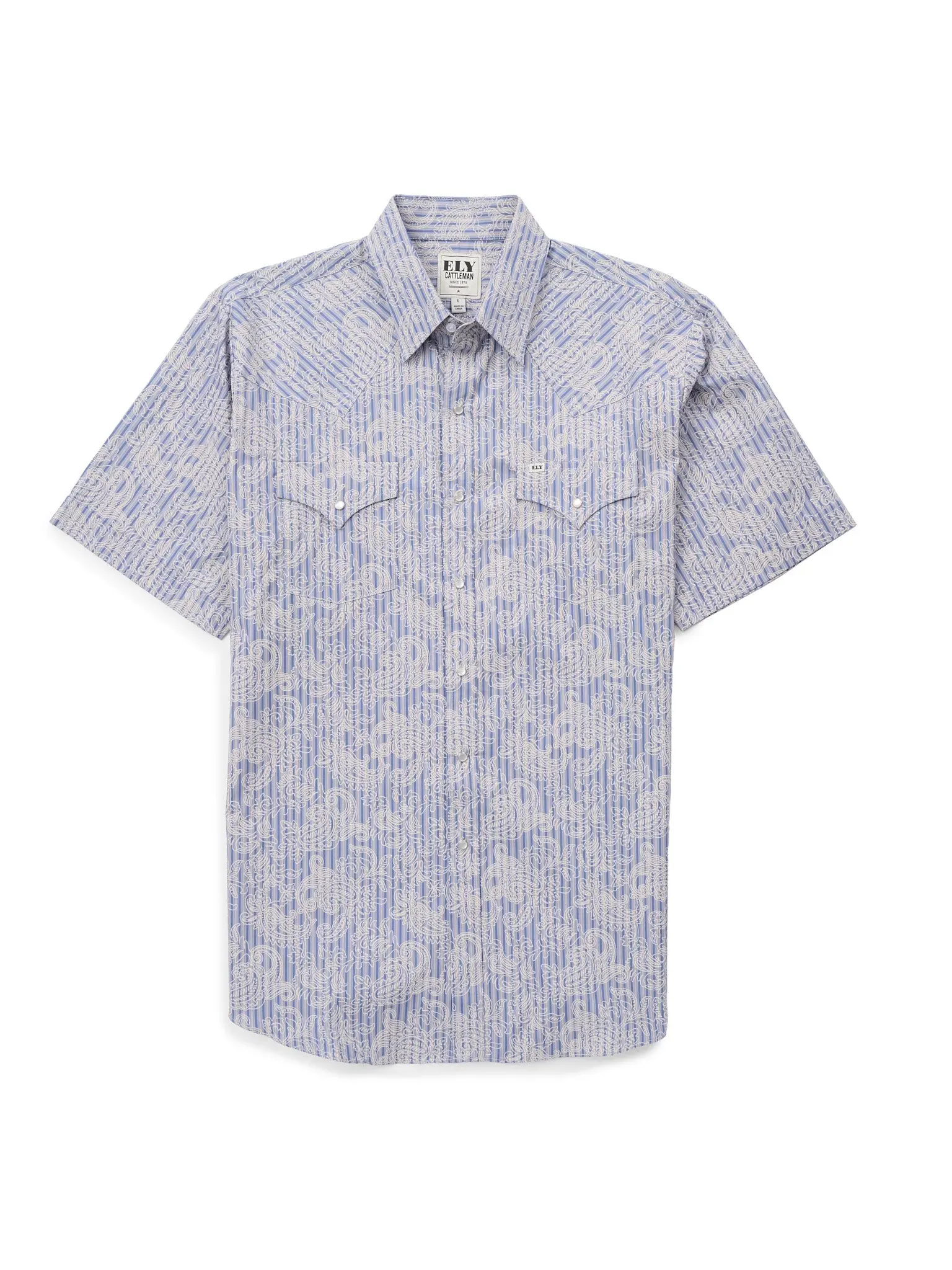 Men's Classic Western Shirt, Short Sleeve Blue Paisley Print Top with Pearlized Snaps and Front Pockets, 100% Cotton, Pocket, Menswear, Shortsleeve, Tops, Soft, Breathable, Western Clothing