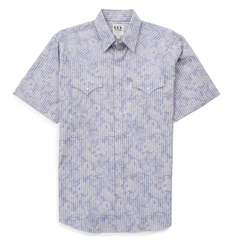 Men's Relaxed-Fit 100% Printed Cotton Classic Collared Short-Sleeve Old West Casual Cowboy Shirt - Blue Paisley Print, Soft Breathable, Pearlized Snaps, Front Pocket, Western Menswear Top