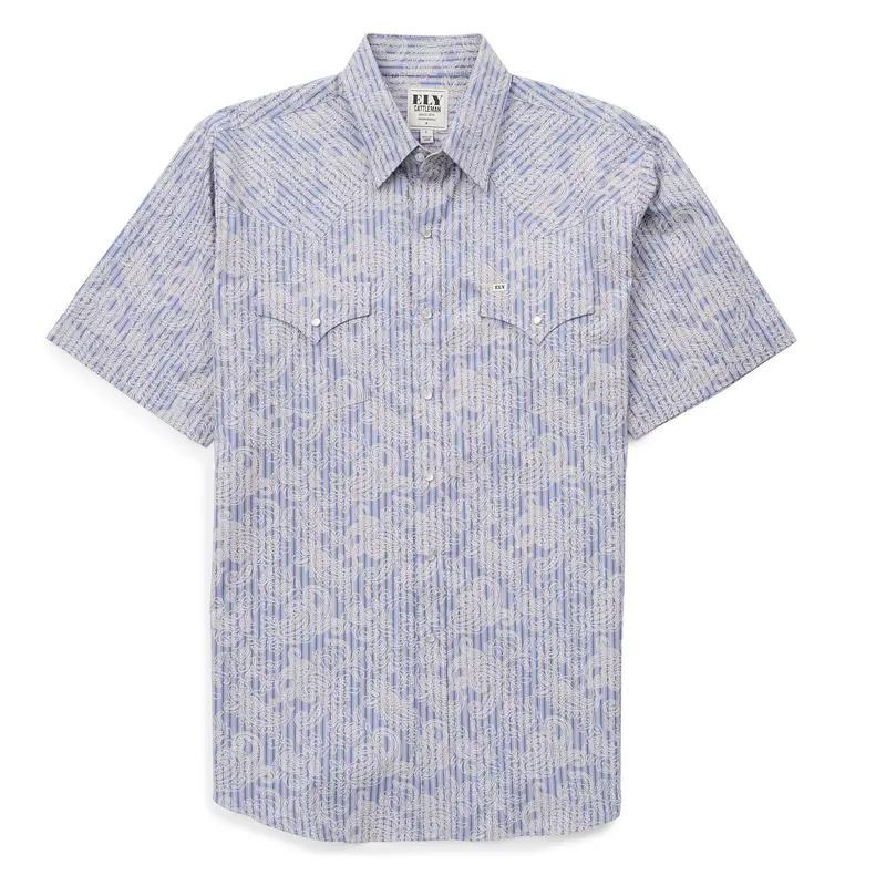 Men's Relaxed-Fit 100% Printed Cotton Classic Collared Short-Sleeve Old West Casual Cowboy Shirt - Blue Paisley Print, Soft Breathable, Pearlized Snaps, Front Pocket, Western Menswear Top