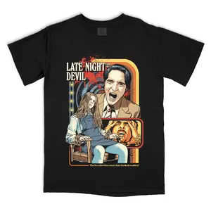 "Late Night With The Devil" American Retro Horror & Cult Movie Vibe Unisex T - Shirt - Premium Cotton, Classic Fit, Perfect for Fans of Vintage Horror & Spooky TV - Themed Tees, Ideal for Casual Wear,Classic Soft Tops Black Crewneck Shortsleeve