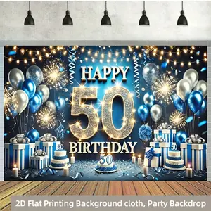 2D Flat, 1pc Glittering 50th Birthday Celebration Polyester Backdrop - Sparkling Golden "Happy 50th Birthday" Sign, Blue & White Balloons, Cakes, and Gifts Design, Perfect for Home, Garden, or Anniversary Parties Banners