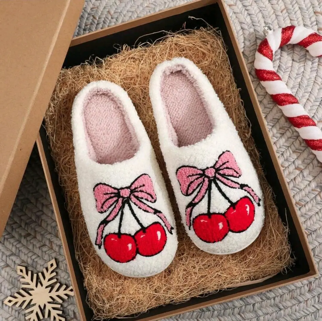 Christmas Warm Soft Confortable Bow Berry Slippers Perfect For Christmas Holiday Gift