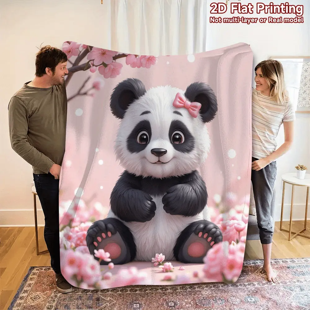 1pc Cute Panda & Cherry Blossoms Flannel Blanket - Soft Pink & White Polka Dot, Flat Weave, 2D Realistic Print, All-Season Cozy Microfibre Polyester Throw, Machine Washable for Bedroom & Living Room Home Decor