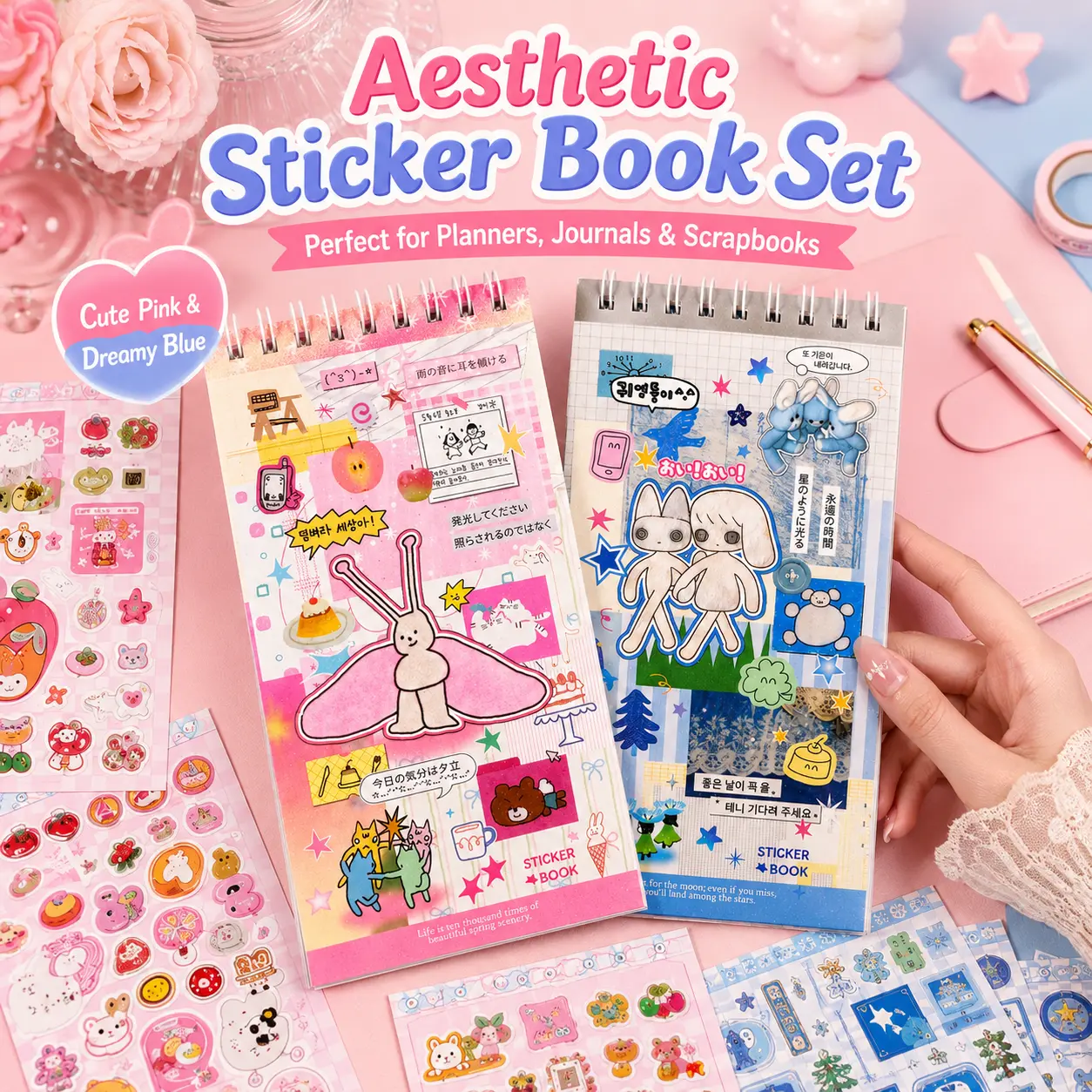 20/40 Sheets Kawaii Korean Sticker Book Pad - 280+ Pcs Coil Top-Bound Cute Polco Toploader Decals for Scrapbooking Bullet Journal
