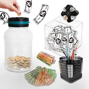 Money Saving Jar Set, Including 1 Pen Holder Piggy Bank, 1 Clear Acrylic Piggy Bank, 1 Coin Counting Sorter, 4 Coin Paper Bag, 1 Smart Counting Saving Jar (Battery Required, without Battery)
