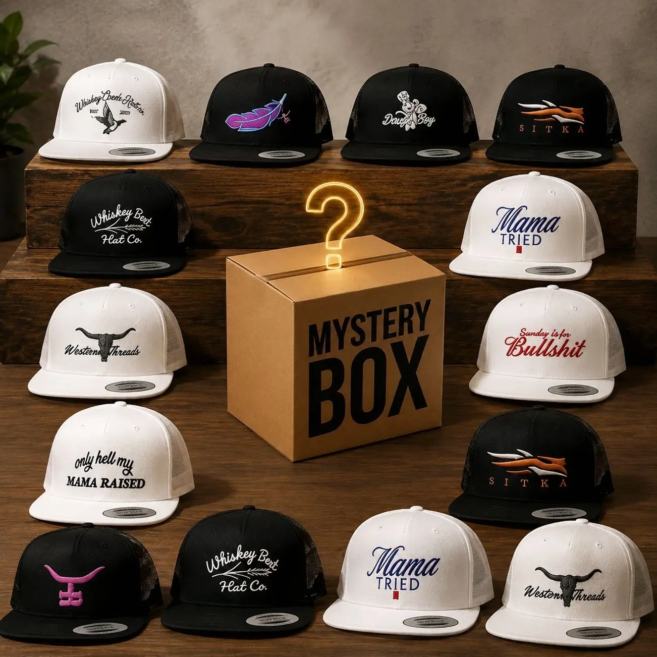 1 Hats Mystery Box Random Sent Snapback Mama Tried Happy, Whiskey Creek, Feathered Outlaw, Dough Boy, Standin On Business Trucker Hat Gift