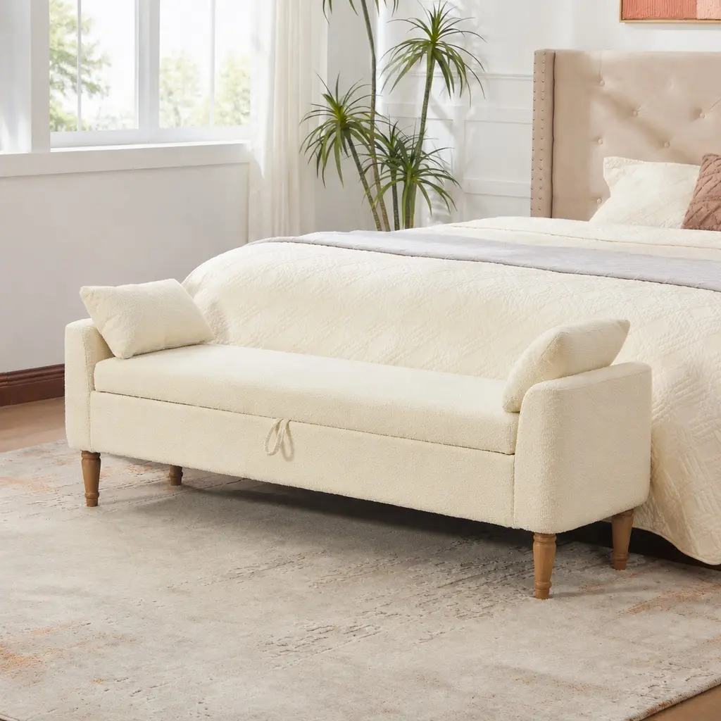 65.94" Wide Modern Upholstered Storage Bench with Armrests and 2 Bolster Pillows, Boucle Fabric Foot Stool with Rubberwood Legs, Bed End Bench with Hidden Storage for Living Room Entryway Bedroom, Beige/Charcoal/Ivory Options