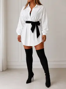 Button Front Shirt Dress with Waist Belt, Fashion Chic Casual Style Spring, Women's Stylish Clothing for Daily Wear Everyday, Womenswear, Fit