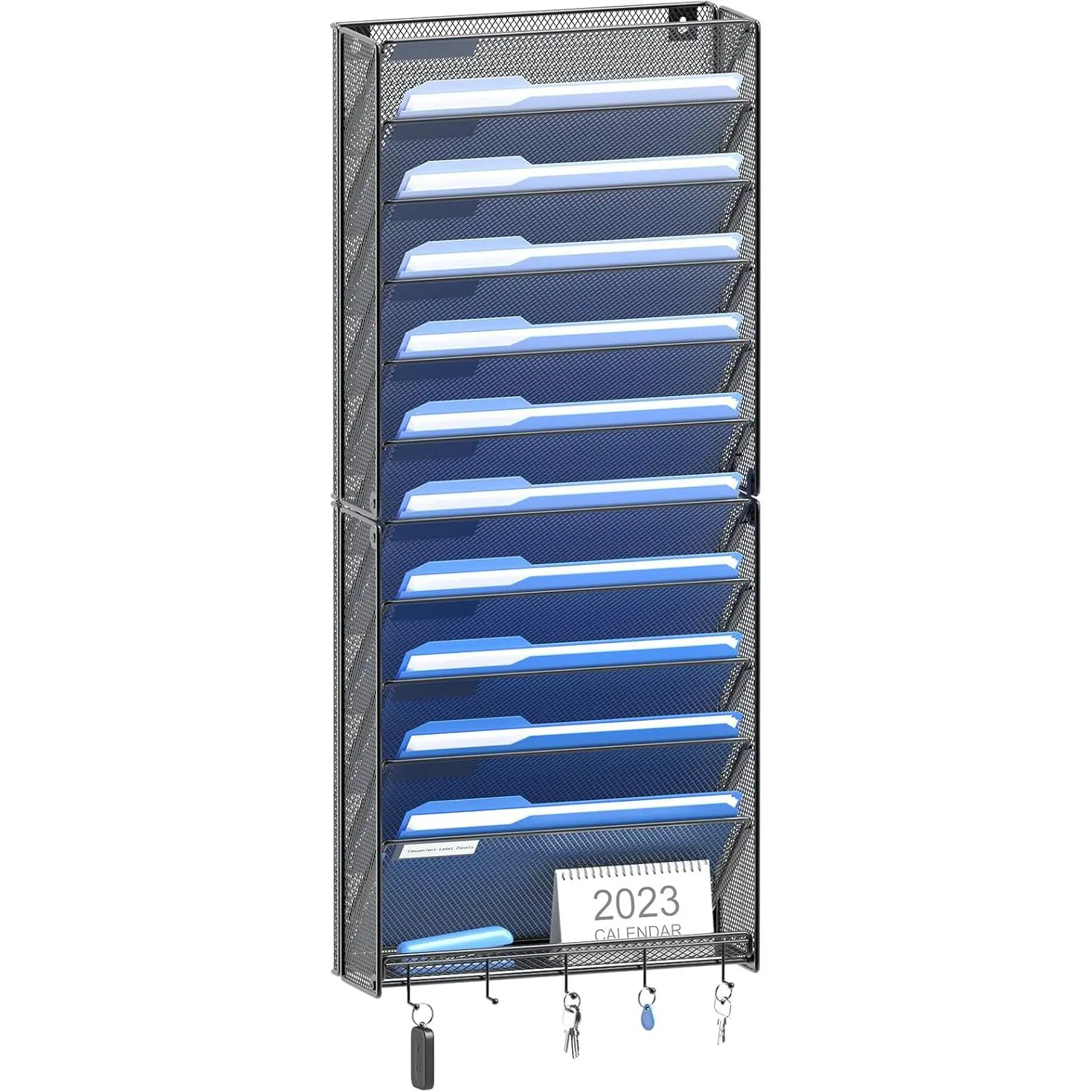 Wall File Organizer with Hooks, 12 Tier Vertical Wall Mount File Holder, File Folder Wall Organizer for Office