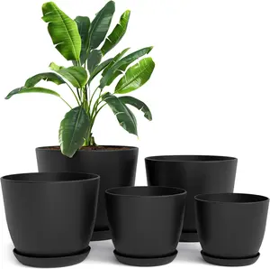 Plant Pots Indoor with Drainage 7/6.6/6/5.3/4.8 Inches Flower Pots for Indoor Planter 5 Pack Plastic Planters Ideal for Stocking Stuffers or Home Christmas Decorations Black Perfect for Windowsill