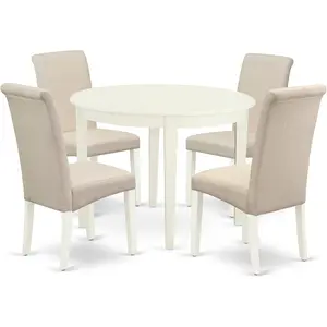 East West Furniture BOBA5-WHI-01 5 Piece Modern Dining Table Set Includes a round Kitchen Table and 4 Cream Linen Fabric Parsons Dining Chairs, 42X42 Inch, Linen White