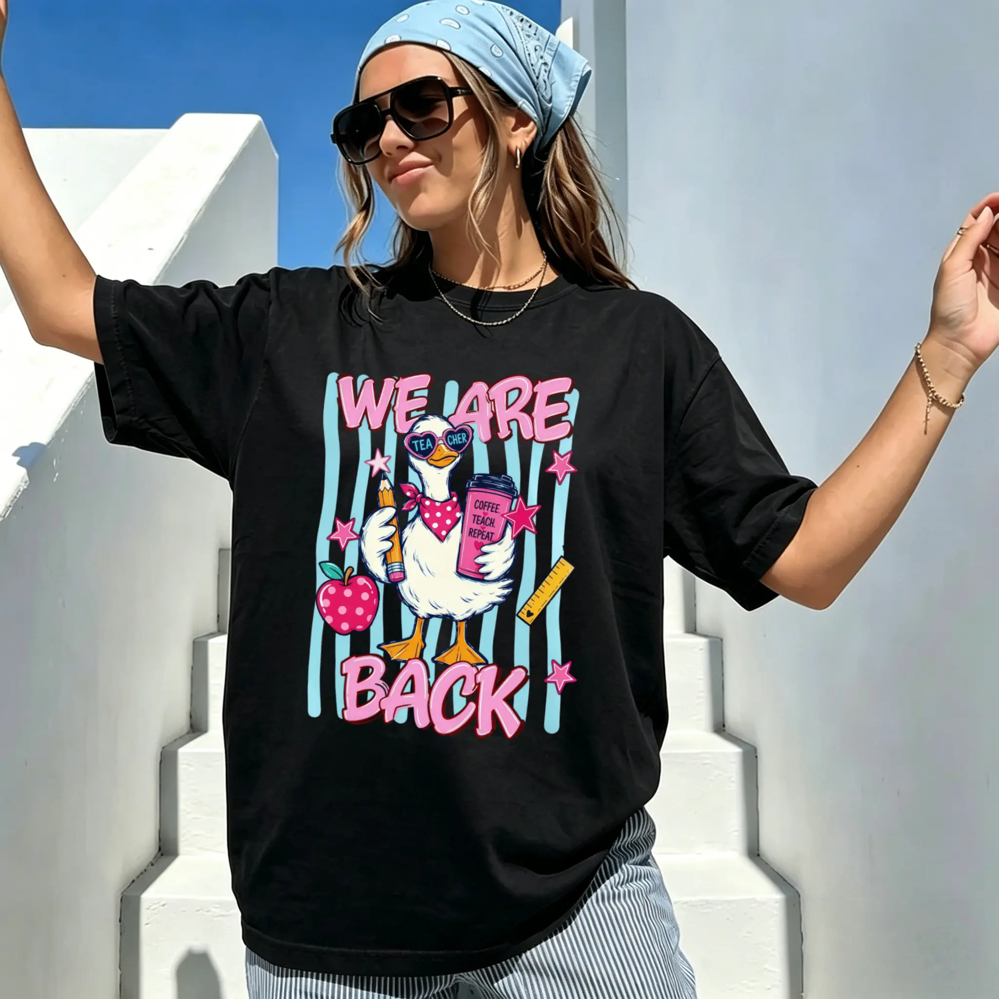 Women's Oversized Teacher T-Shirt, Cute We Are Back Duck Goose Graphic Print, Soft Cotton Short Sleeve Top for Everyday Classroom Wear, Shortsleeve, Tshirt, Comfy, Fabric, Loose, Printed, Apparel