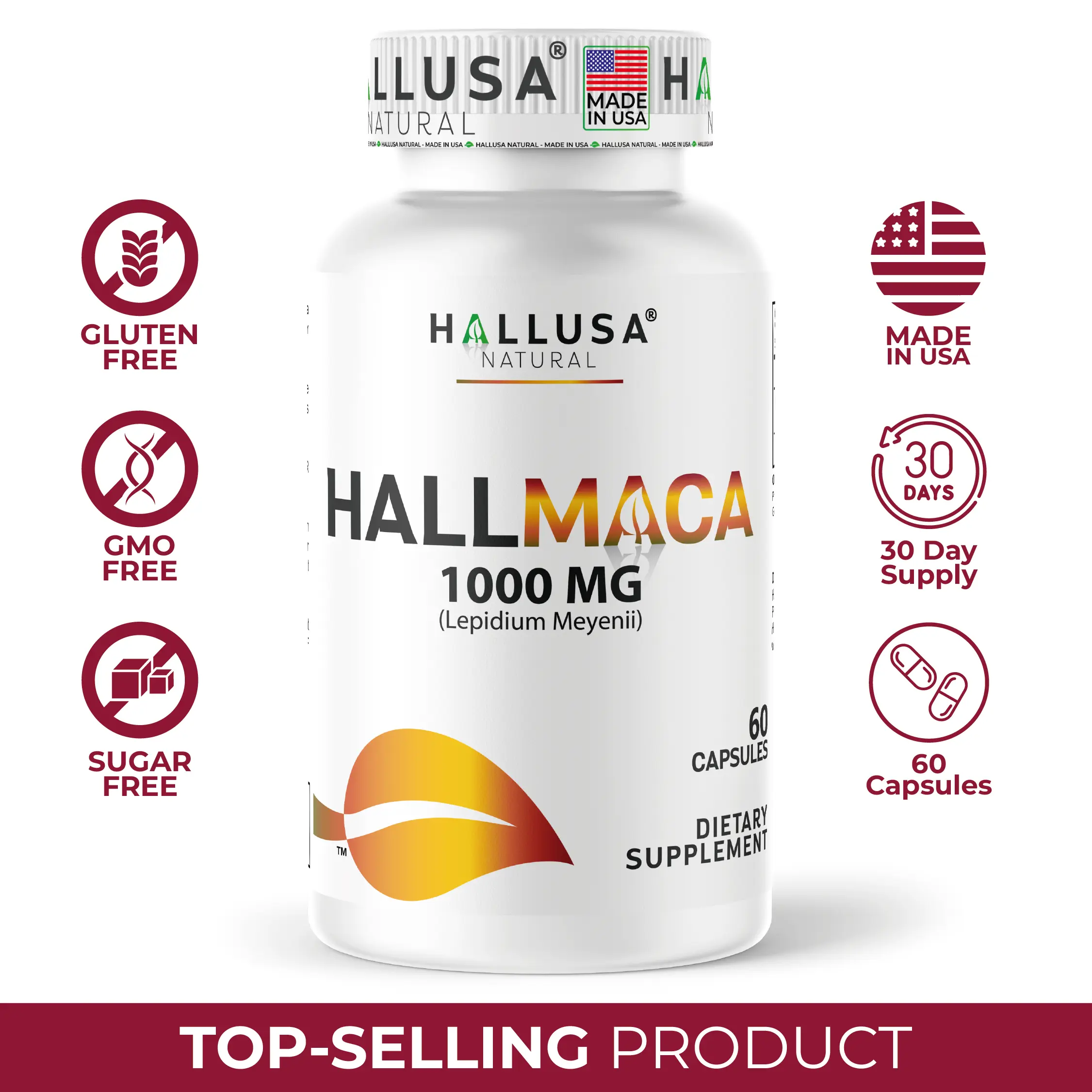 HALLUSA NATURAL HallMaca Organic Maca Root Extract Capsules, 1000mg Vitamins Supplements, 60 Capsules (30-Day Supply), Gluten-Free Non-GMO Adaptogen Energy Booster for Optimum Health, Capsules Vitamins Supplements