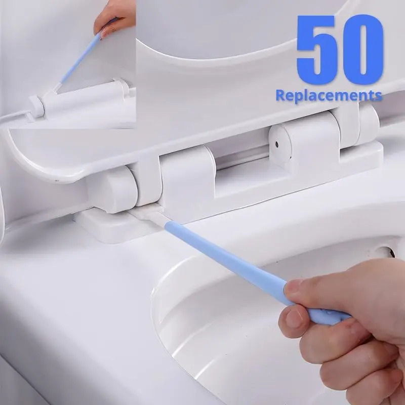 One-time use toilet brush set, including 1 handle and 50 replacement cleaning brush heads, toilet gap brush, long-handled toilet cleaning brush, household cleaning tools.