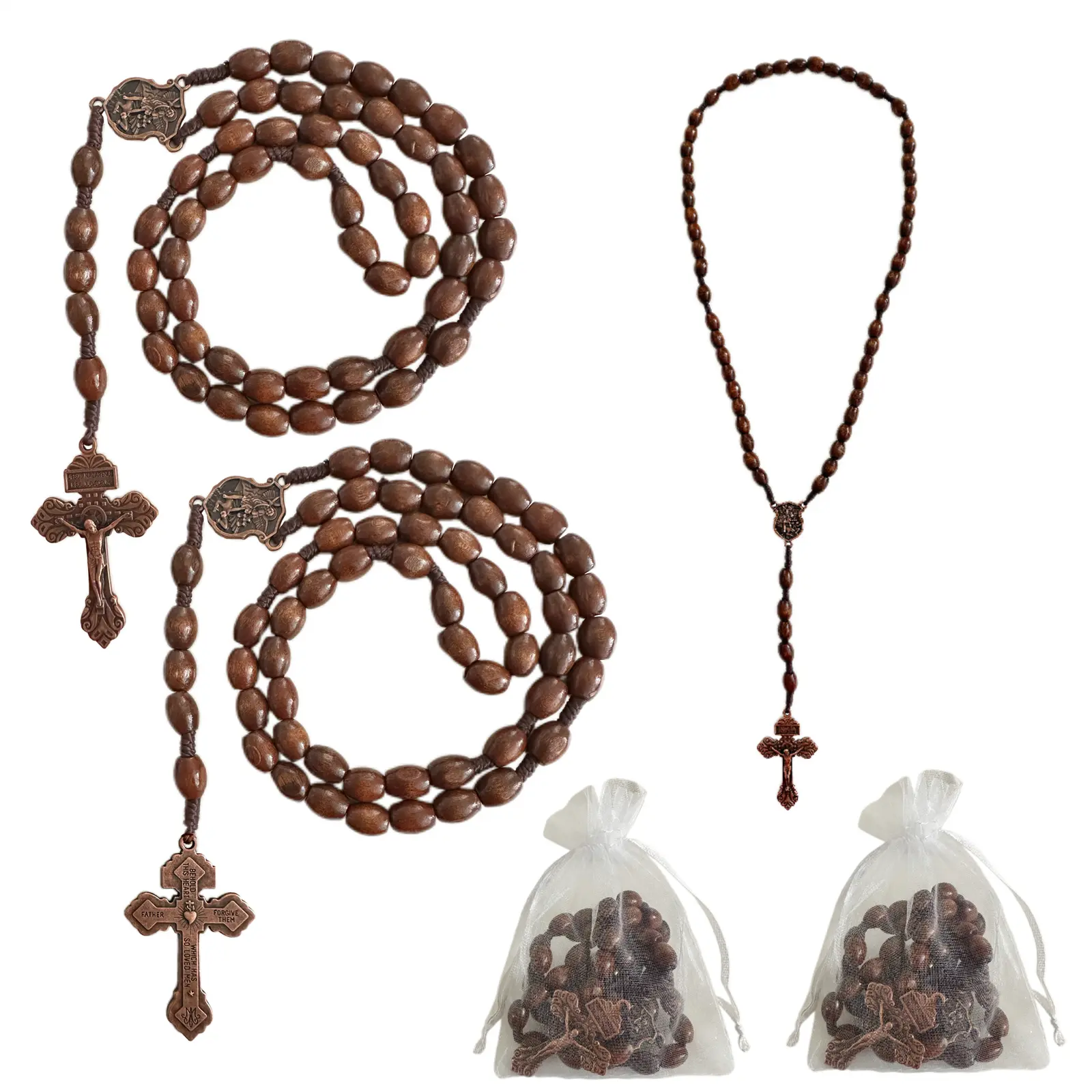 Handmade Wood Beads Rosary Bead Set, Catholic Unisex Faith Necklace with Saint Michael Icon Cross Chain Design Metal Pendant, Long Length Compact Pocket-Sized Spiritual Jewelry for Daily Prayer, Bulk 3/12/25 Packs Easter Gift, Biblical