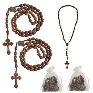 Saint Michael Archange Necklace Memorial Rosary 3PCS 12PCS 25PCS Pocket Wooden Cross Bulk Organza Bags Handmade Catholic Christian Prayer Gift Baptism Favor