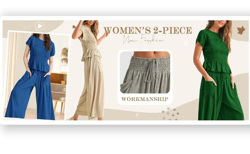 Yeokou Women’s 2-Piece Smocked Top & Wide-Leg Pants Set–High-Waisted Lounge Outfit with Pockets Casual Boho Matching Set