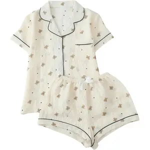 Women's Two Piece Pajama Sets Allover Print Short Sleeve Sleepwear Button Down Shirt and Bow Shorts Pj Set Loungewear