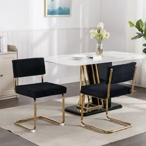 Modern Dining Chairs Set of 2, Corduroy Fabric Kitchen Chairs with Channel Tufting and Gold-Plated Metal Base, Retro Upholstered Dinner Chairs for Dining Room（Black）
