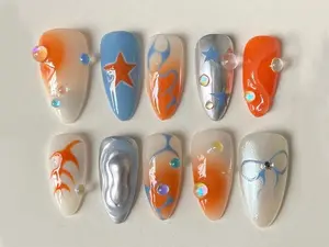 Elegant Orange Press On Nails | Y2k-Inspired Press On Nails| Orange and Blue with Unique Chrome Designs | Gift For Her