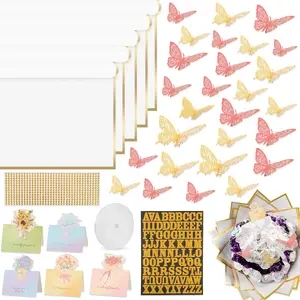 52 count Flower Bouquet Wrapping Paper Kit, 20 Sheets White  Floral Wrapping Paper, 1 Letter 1 Rhinestone Sticker, 12  12  Butterflies, 5 Cards, 1 White Ribbon ( Edge)