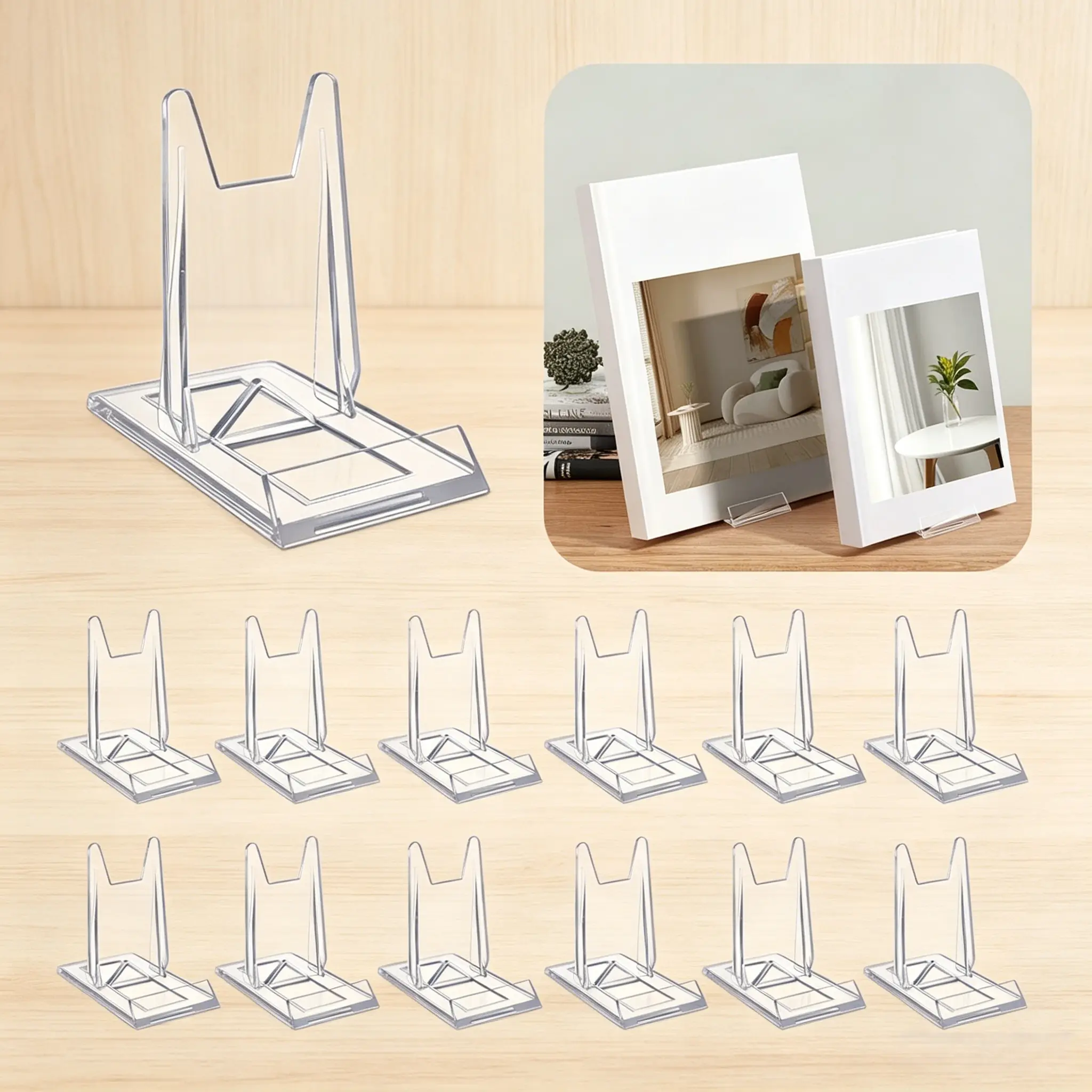 【HUOMAQFAN】 12-Pack Adjustable Acrylic Book Stands - Clear Plastic Display Easel Holder for Books, Albums, CDs - Compact Tabletop Home Organizer Storage Rack (4.2x4.3x2.35 in)