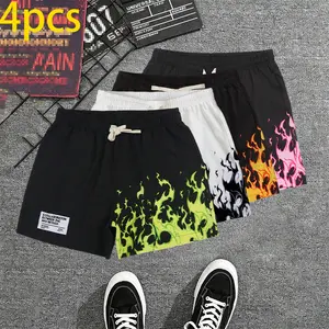 Men's 4-Pack Mixed-Color Flame Print Slim Fit Stretch Compression Cargo Athletic Shorts - Breezy, Elastic, Quick-Dry for Summer Casual Wear, Activewear, Mixed-Color Men's Shorts, Stretch Men's Shorts outdoor gym