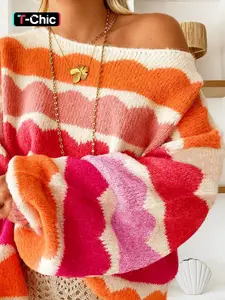 Women's Colorblock Drop Shoulder Sweater, Casual Long Sleeve Boat Neck Jumper for Fall & Winter, Fashion Ladies' Lightweight Knitwear for Daily Wear