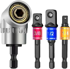 3Pcs 1/4" 3/8" 1/2" Cr-V Hex Shank Impact Grade Socket Adapter Extension Set & 105° Right Angle Drill Bit Adapter Attachment 1/4" Drive 6mm Hex Magnetic Bit Socket Screwdriver Holder Adaptor