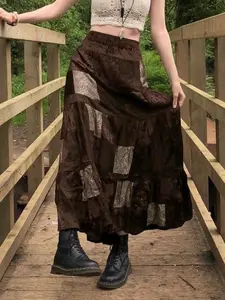 Women's Colorblock Patchwork Print Elastic Waist Flared Velvet Skirt, Street Boho High Waist A-Line Skirt For Daily Vacation Party, Fall & Winter Bottoms