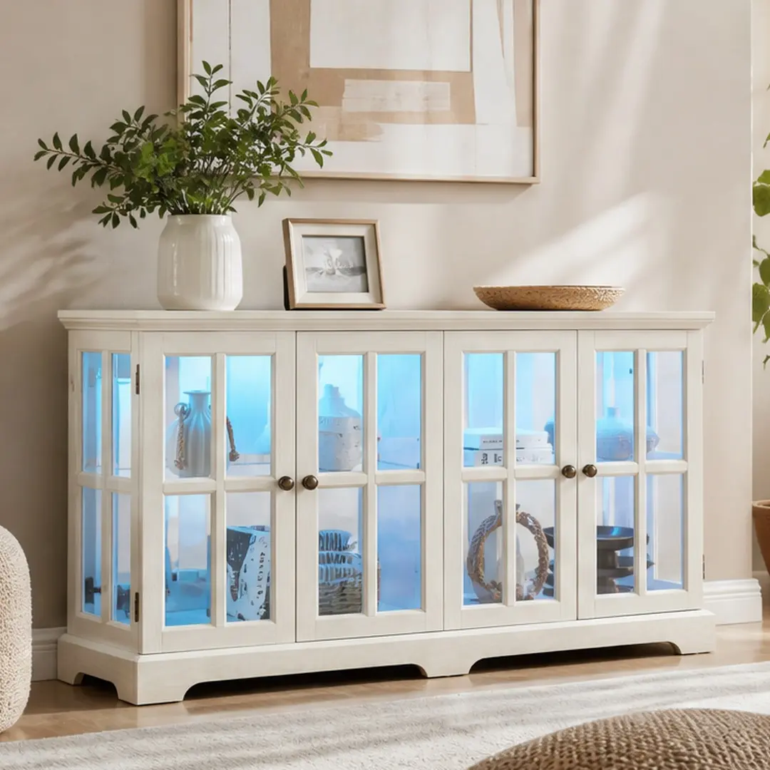 ARCH LED Curio Display Cabinet Antique Glass Door Showcase with Adjustable Shelves for Collectibles, Four Door Vintage Cabinet with Remote Control Lights for Home Office, White MDF Acrylic, White Color Options, MDF+Acrylic Material