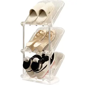 Narrow vertical shoe rack for entryway corners, shoe storage organizer for small spaces, transparent tall slim shoe shelf for front door entrance and living room, white, 3 layers